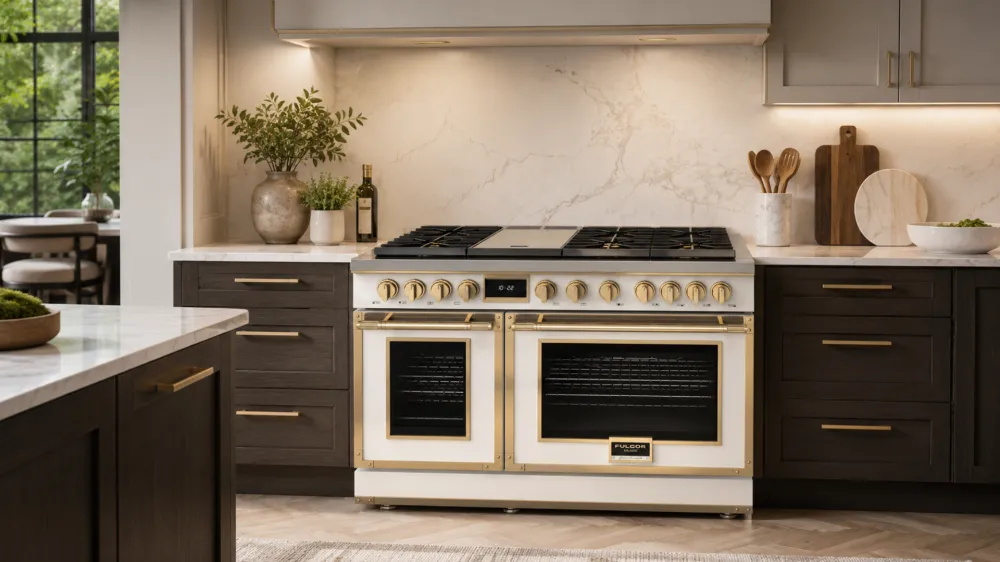 Fulgor Milano range with two oven doors and gold-coloured controls in a fitted kitchen