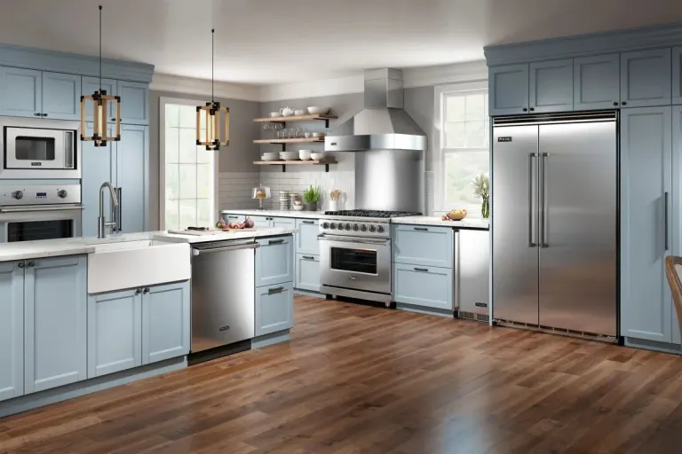 Kitchen with light blue cabinets and a stainless Viking side-by-side refrigerator, range and dishwasher.